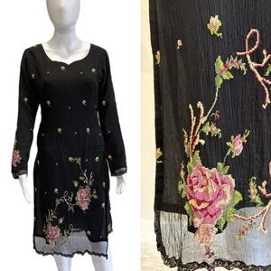 Embroidered Floral Rose Midi Dress Size Small Sweetheart Sheer Black Long Sleeve
